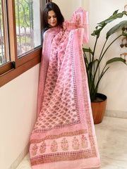 Pink Mul Cotton Handblock Printed Dupatta - Masakalee