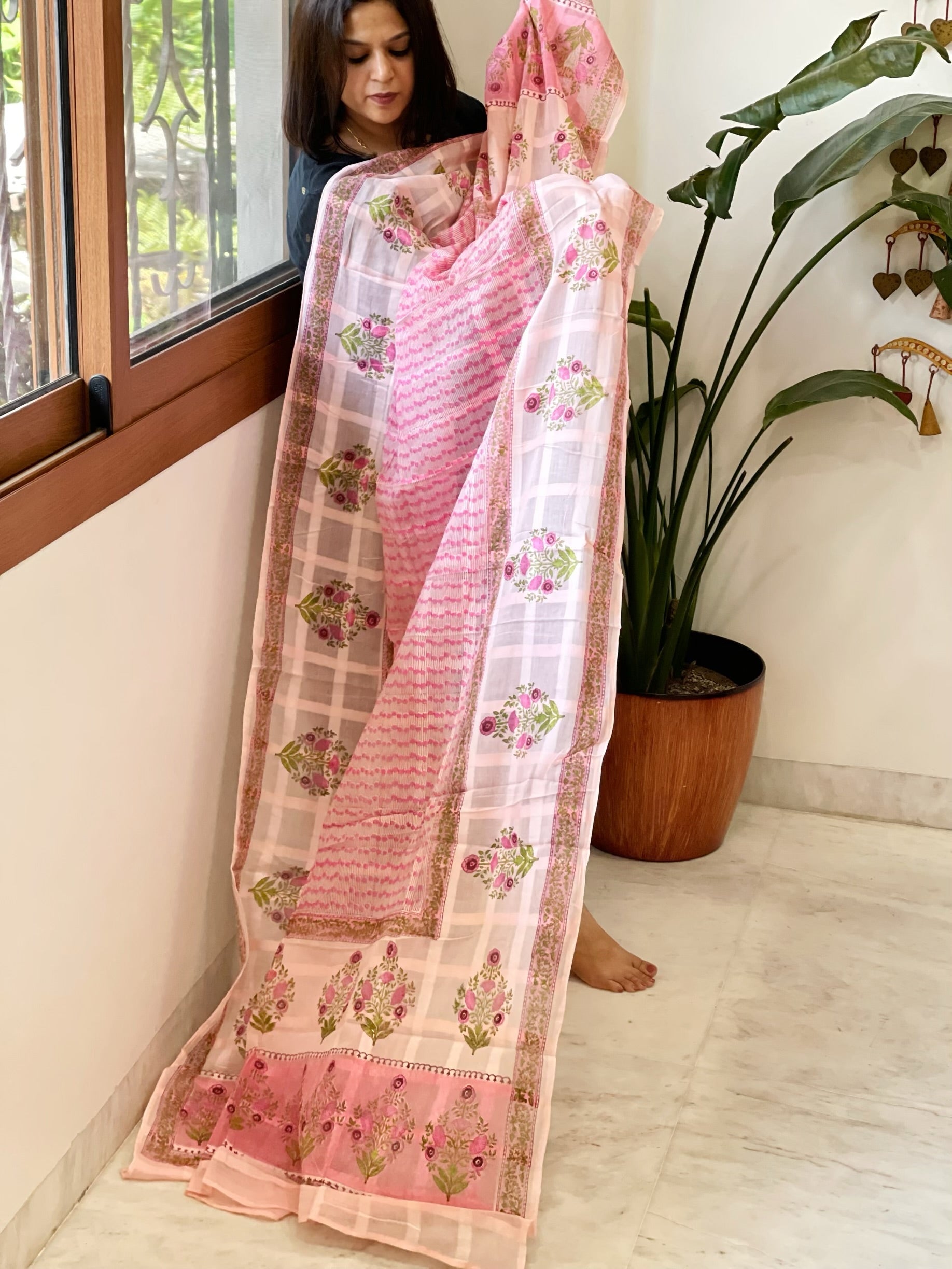 Pink Mul Cotton Handblock Printed Dupatta - Masakalee