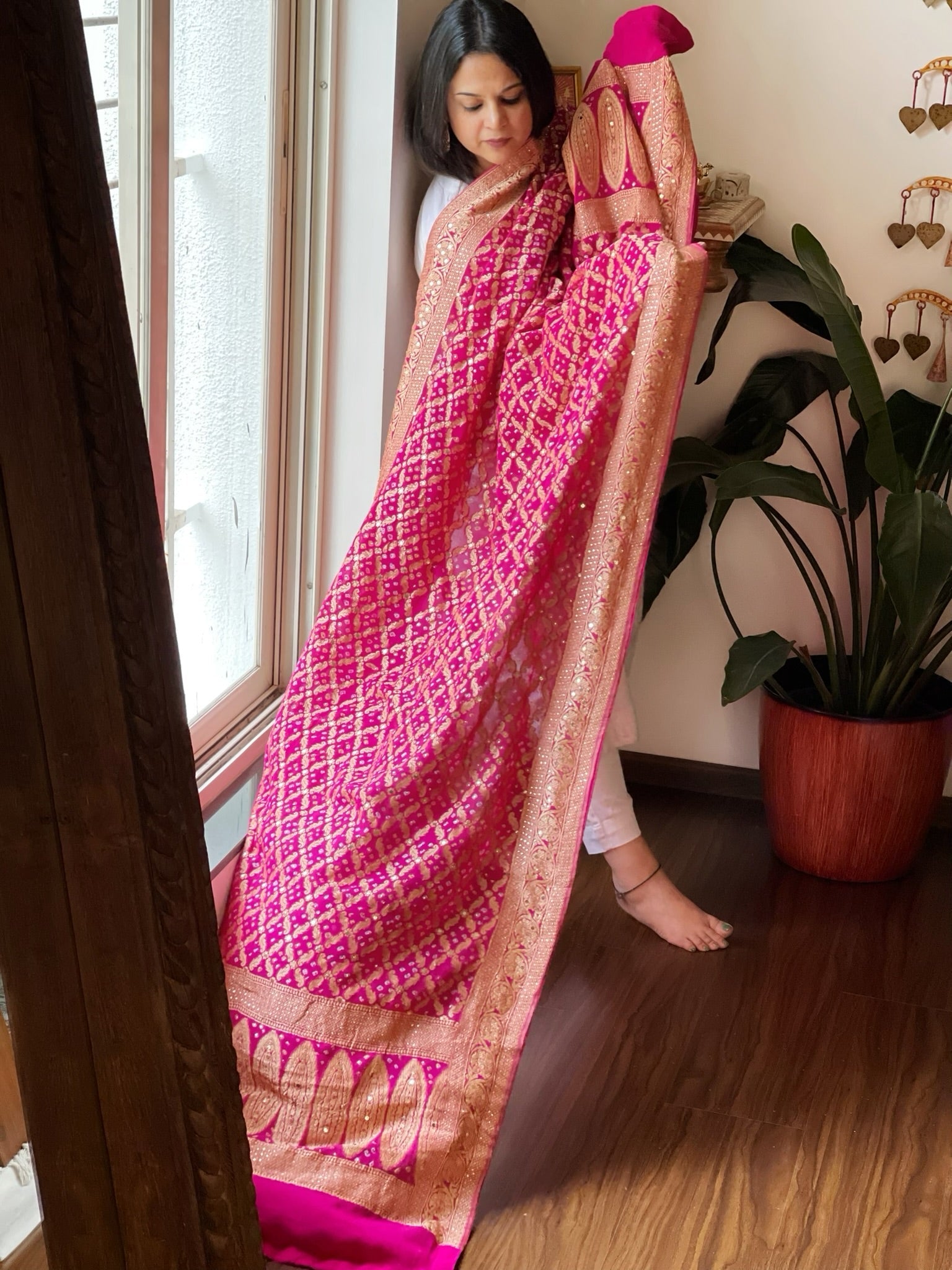 Pink Neemzari Bandhani Dupatta with Mukaish Handwork in Georgette - Masakalee