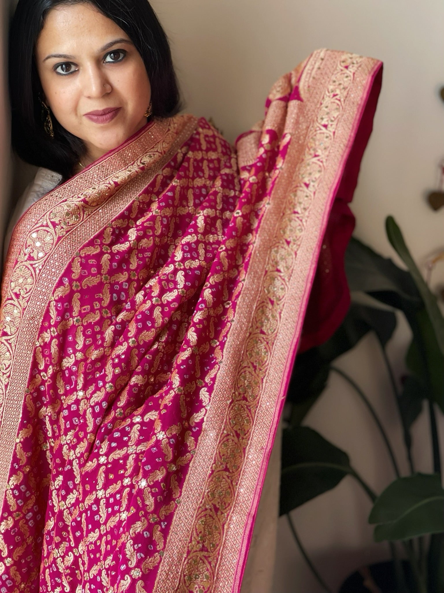 Pink Neemzari Bandhani Dupatta with Mukaish Handwork in Georgette - Masakalee
