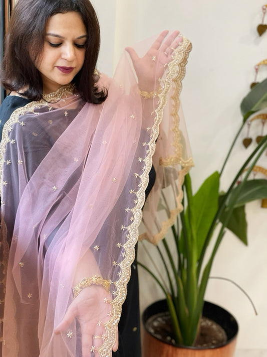 Pink Net Dupatta with Pearl, Sequin and Cut Daana Embroidery - Masakalee