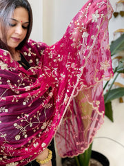 Pink Net Dupatta with Sequin and Cut Daana Embroidery - Masakalee