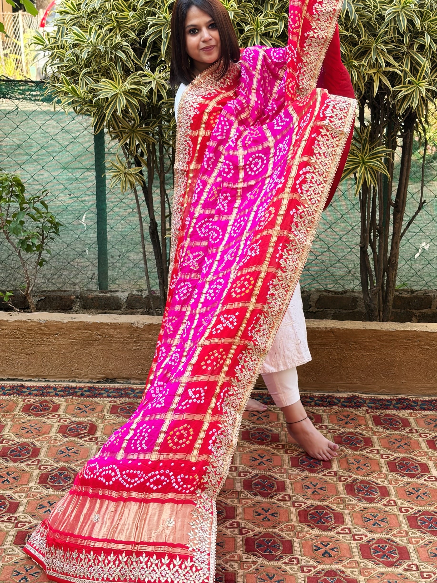 Pink, Orange Bandhani Dupatta with Gotapatti Handwork in Pure Silk - Masakalee