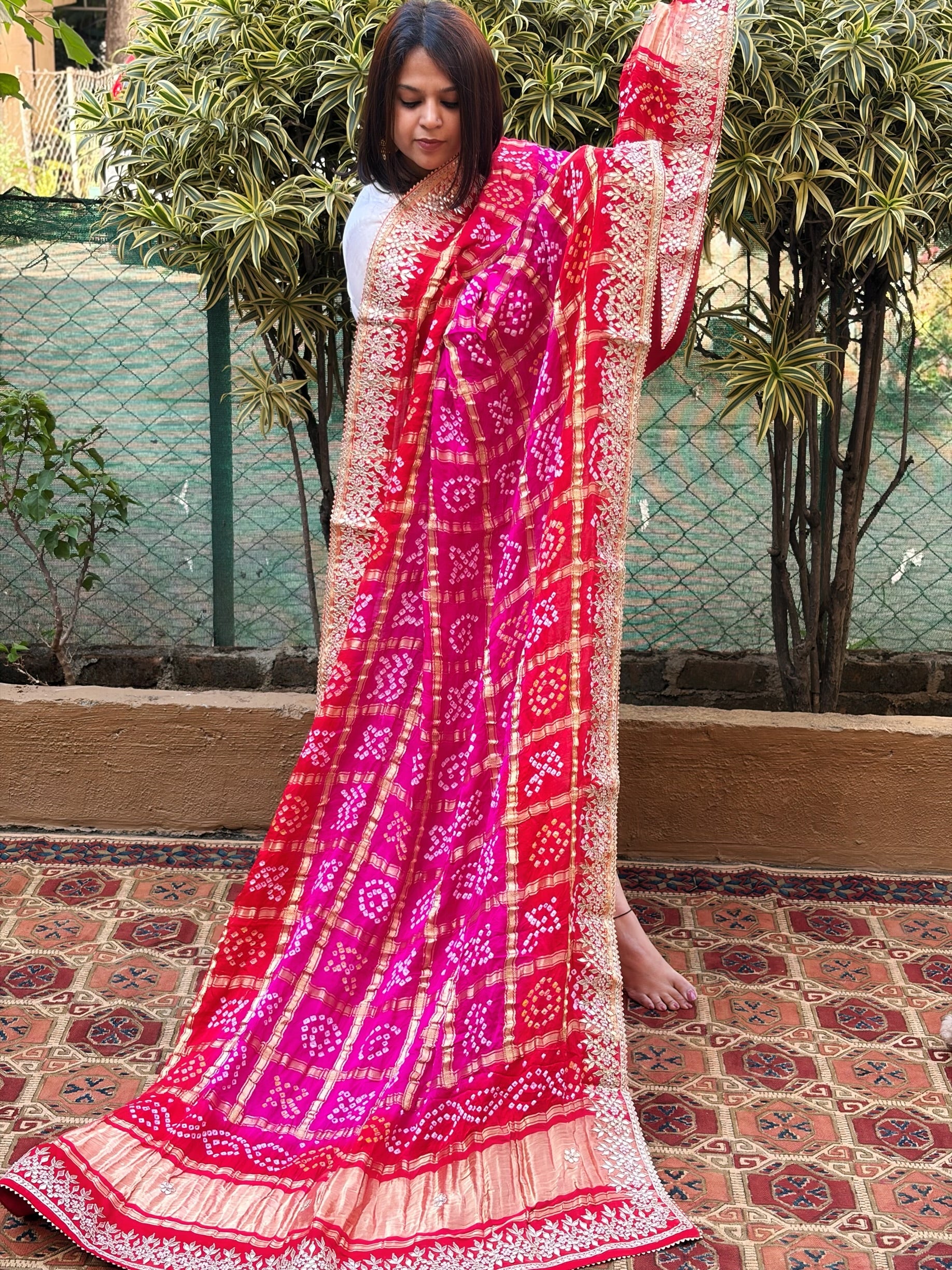 Pink, Orange Bandhani Dupatta with Gotapatti Handwork in Pure Silk - Masakalee