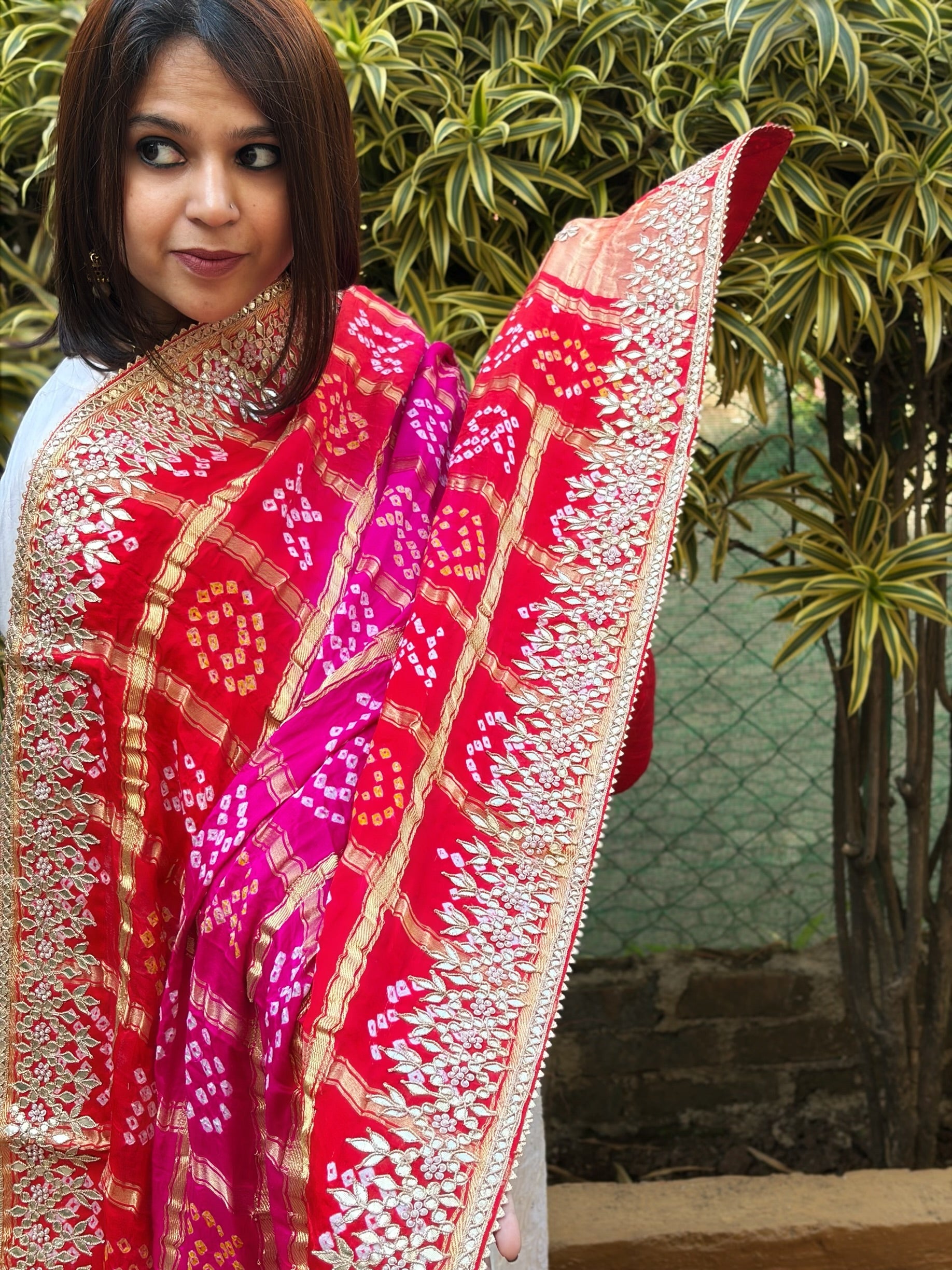 Pink, Orange Bandhani Dupatta with Gotapatti Handwork in Pure Silk - Masakalee
