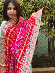 Pink, Orange Bandhani Dupatta with Gotapatti Handwork in Pure Silk - Masakalee