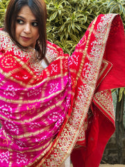 Pink, Orange Bandhani Dupatta with Gotapatti Handwork in Pure Silk - Masakalee