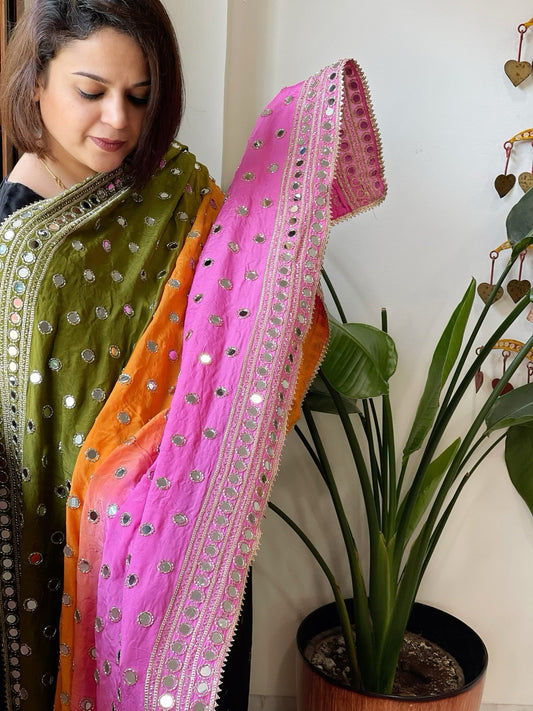 Pink, Orange, Green Crepe Dupatta with Mirror and Cut Daana Work with Gota Lace Border - Masakalee