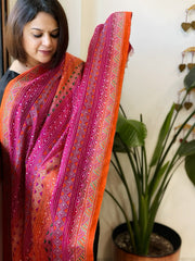 Pink, Orange Handmade Kantha Dupatta in Silk - Masakalee