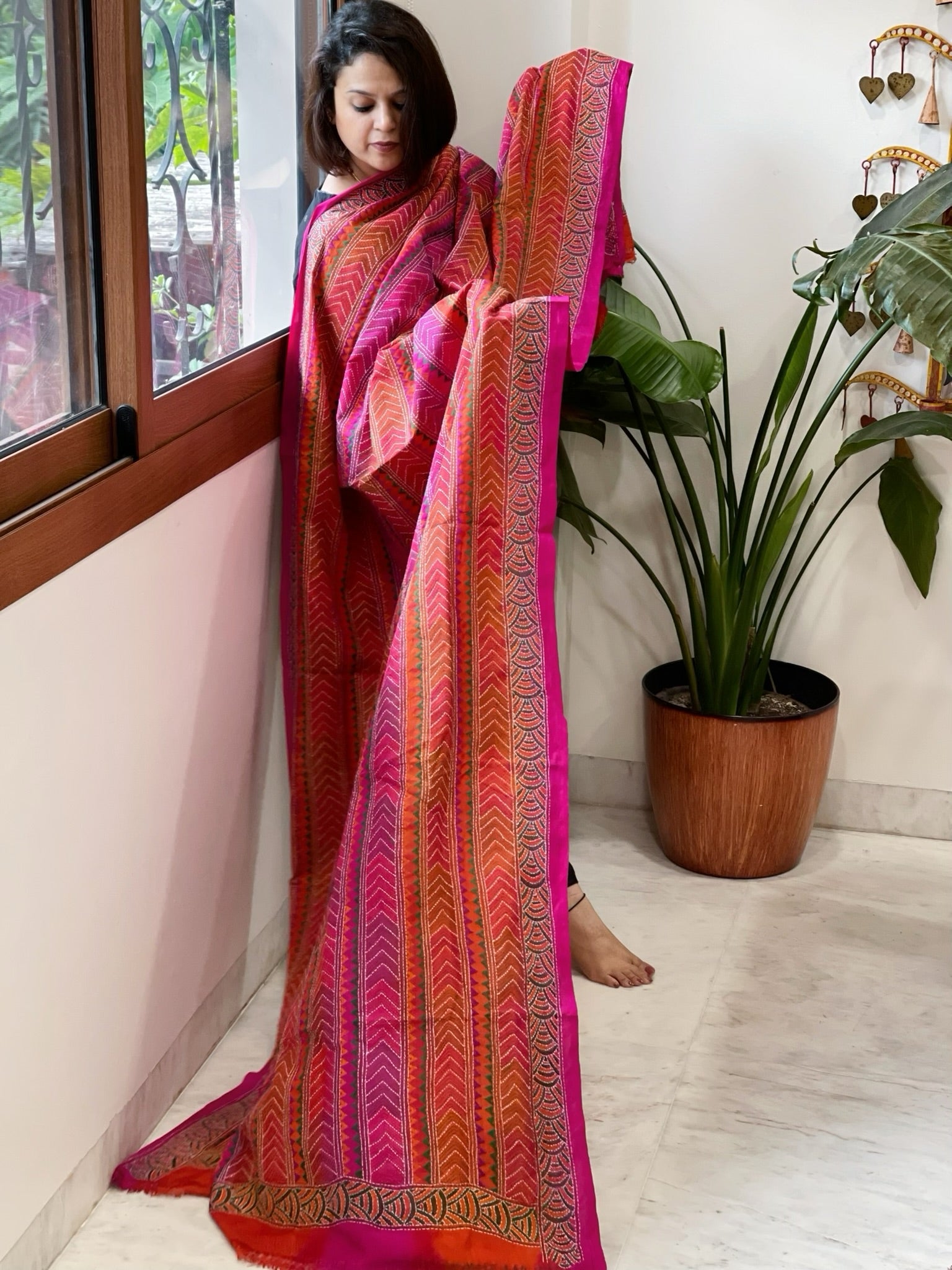 Pink, Orange Handmade Kantha Dupatta in Silk - Masakalee