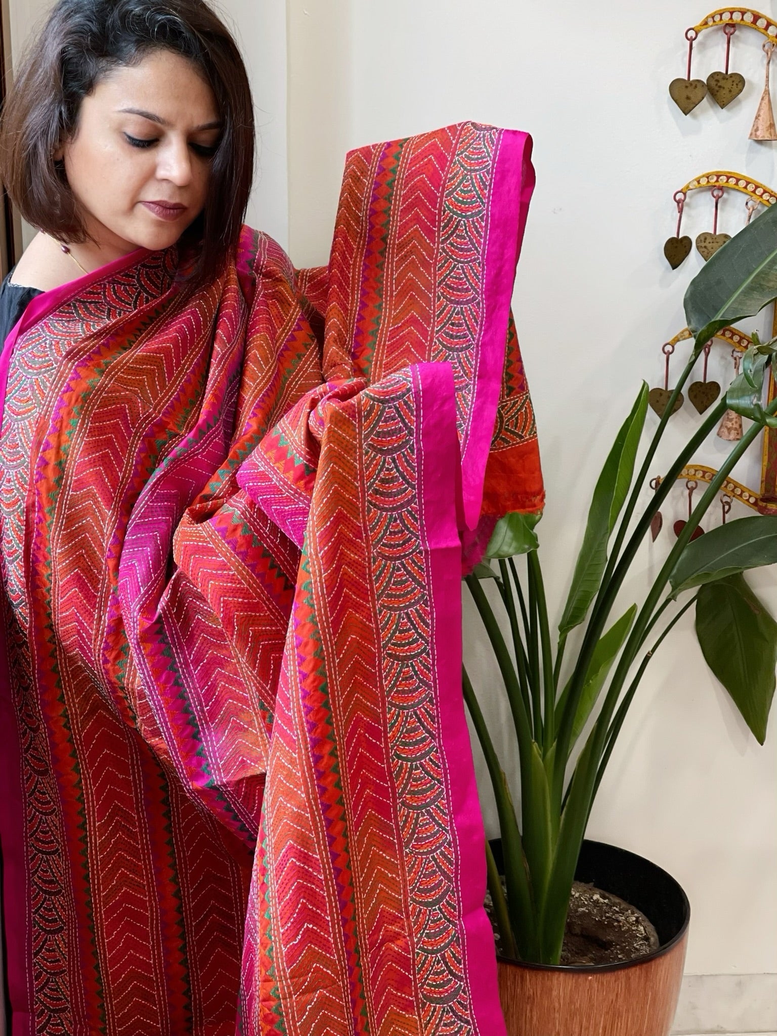 Pink, Orange Handmade Kantha Dupatta in Silk - Masakalee
