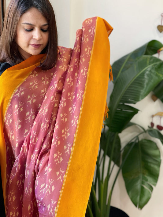 Pink, Orange Handwoven Ikat Dupatta in Cotton - Masakalee