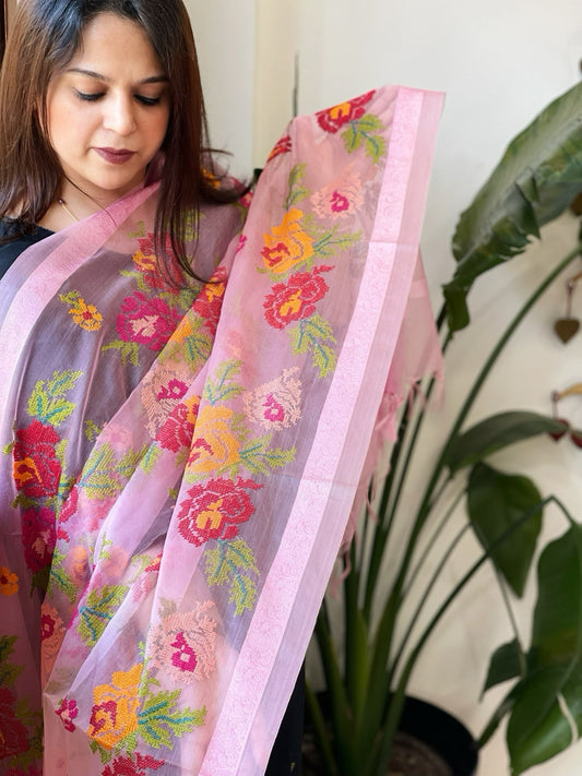 Pink Organza Dupatta with cross - stitch embroidery - Masakalee