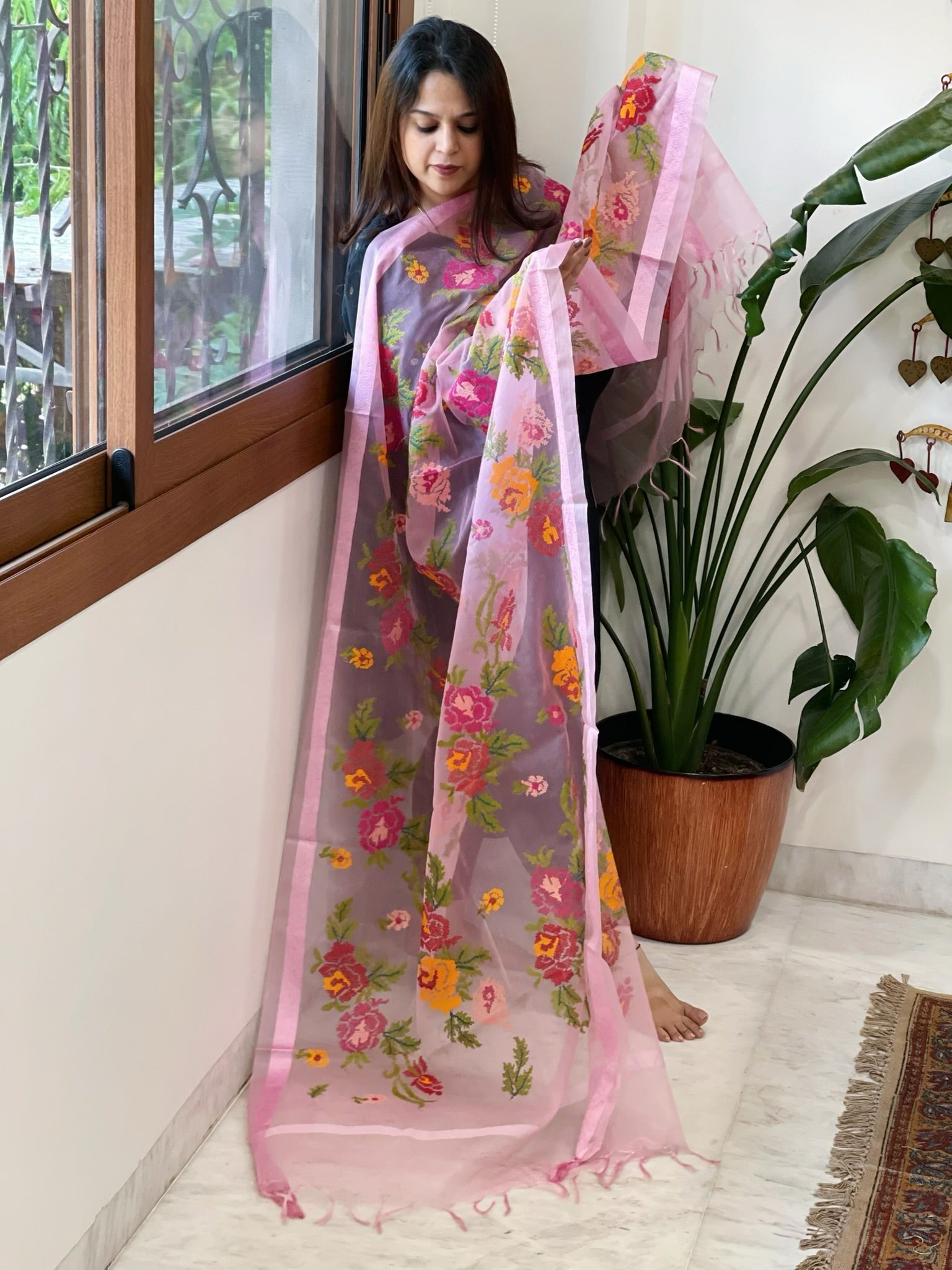Pink Organza Dupatta with cross - stitch embroidery - Masakalee
