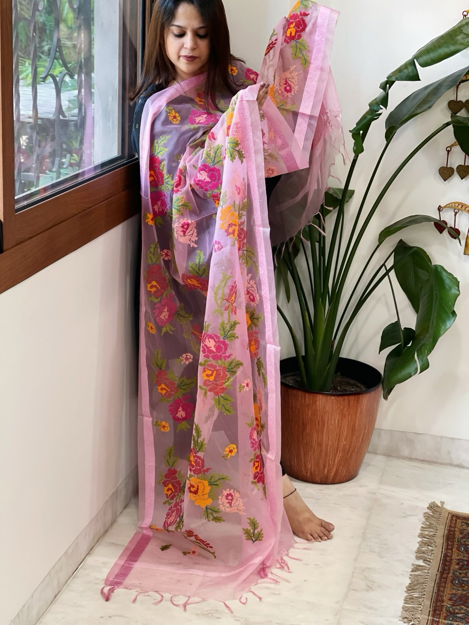 Pink Organza Dupatta with cross - stitch embroidery - Masakalee