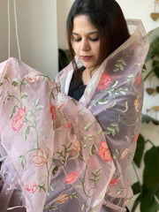 Pink Organza Dupatta with Thread Embroidery - Masakalee