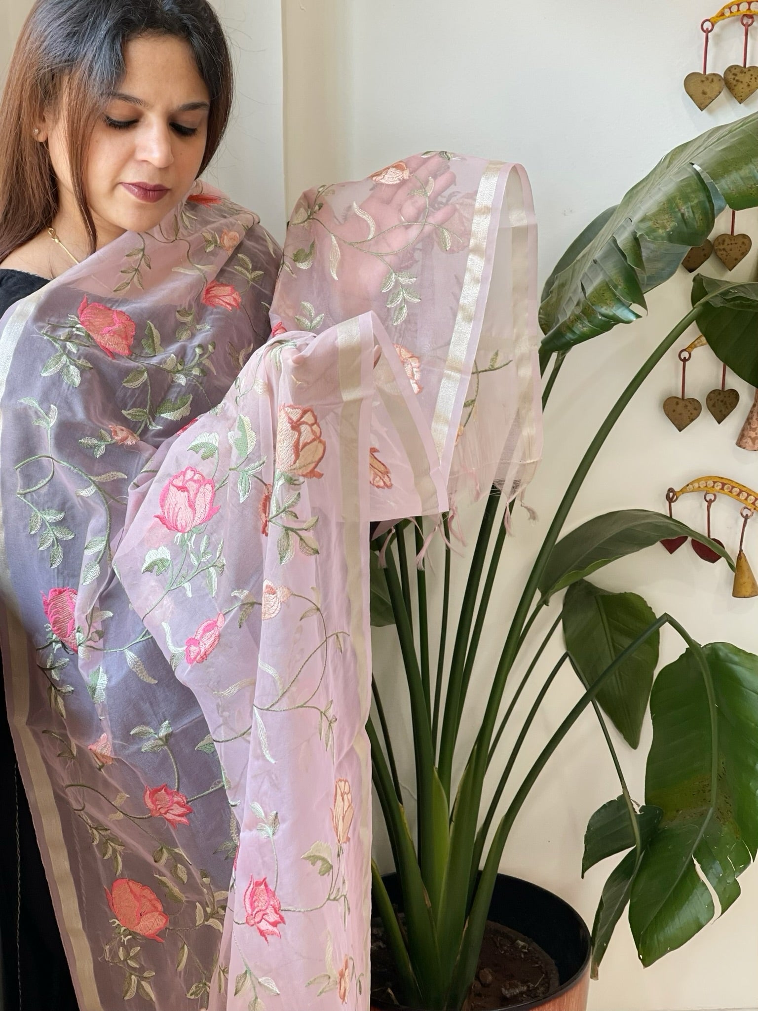 Pink Organza Dupatta with Thread Embroidery - Masakalee