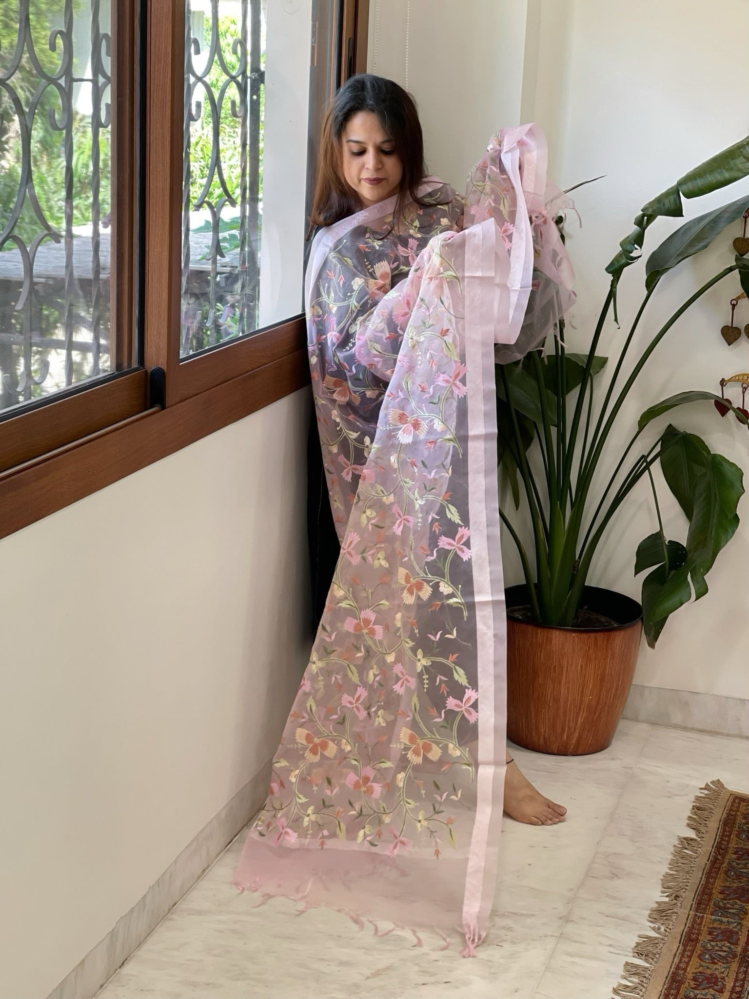 Pink Organza Dupatta with thread embroidery - Masakalee