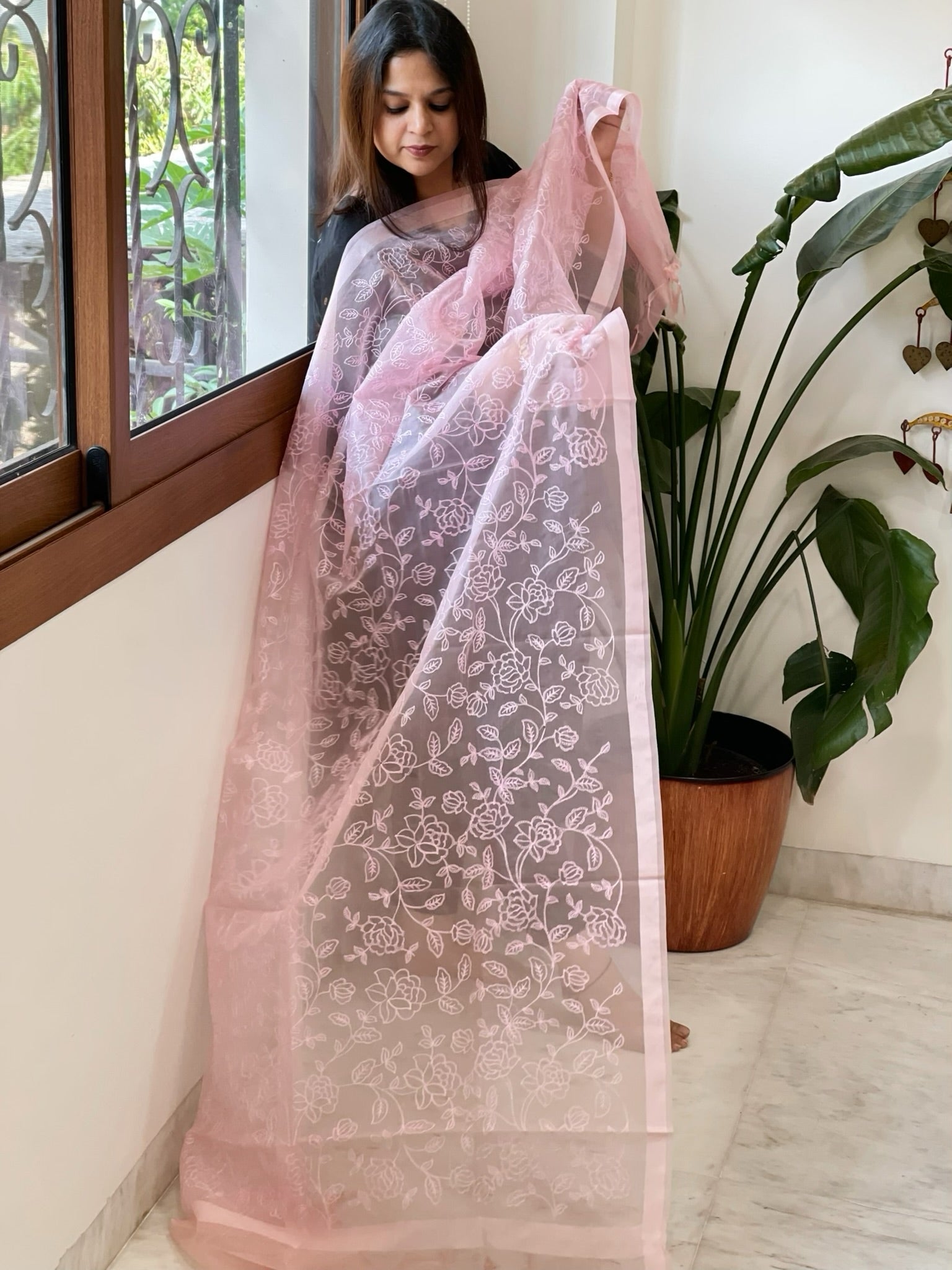 Pink Organza Dupatta with Thread Jaal Embroidery - Masakalee