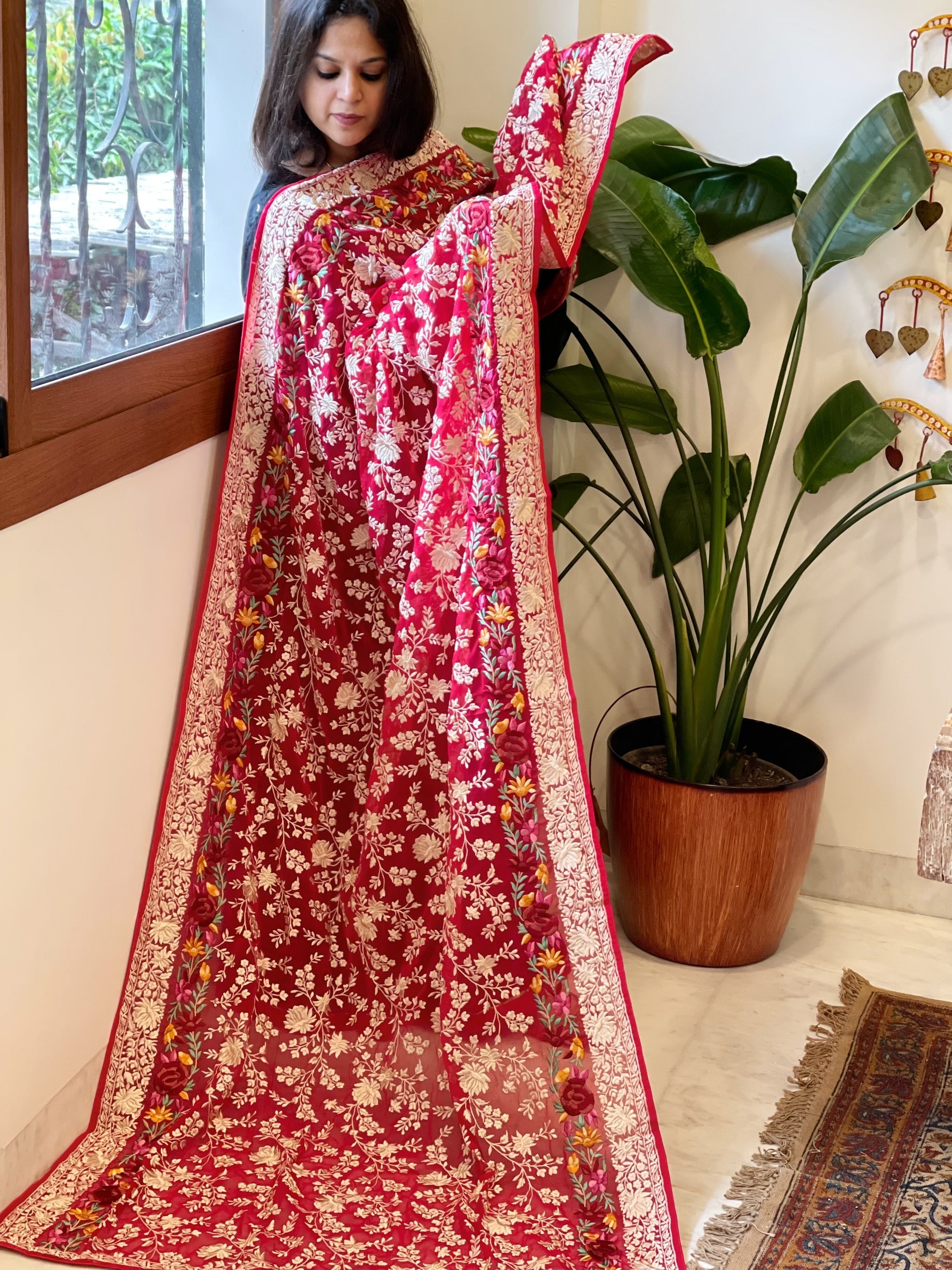 Pink Parsi Gara Embroidery Dupatta in Georgette - Masakalee