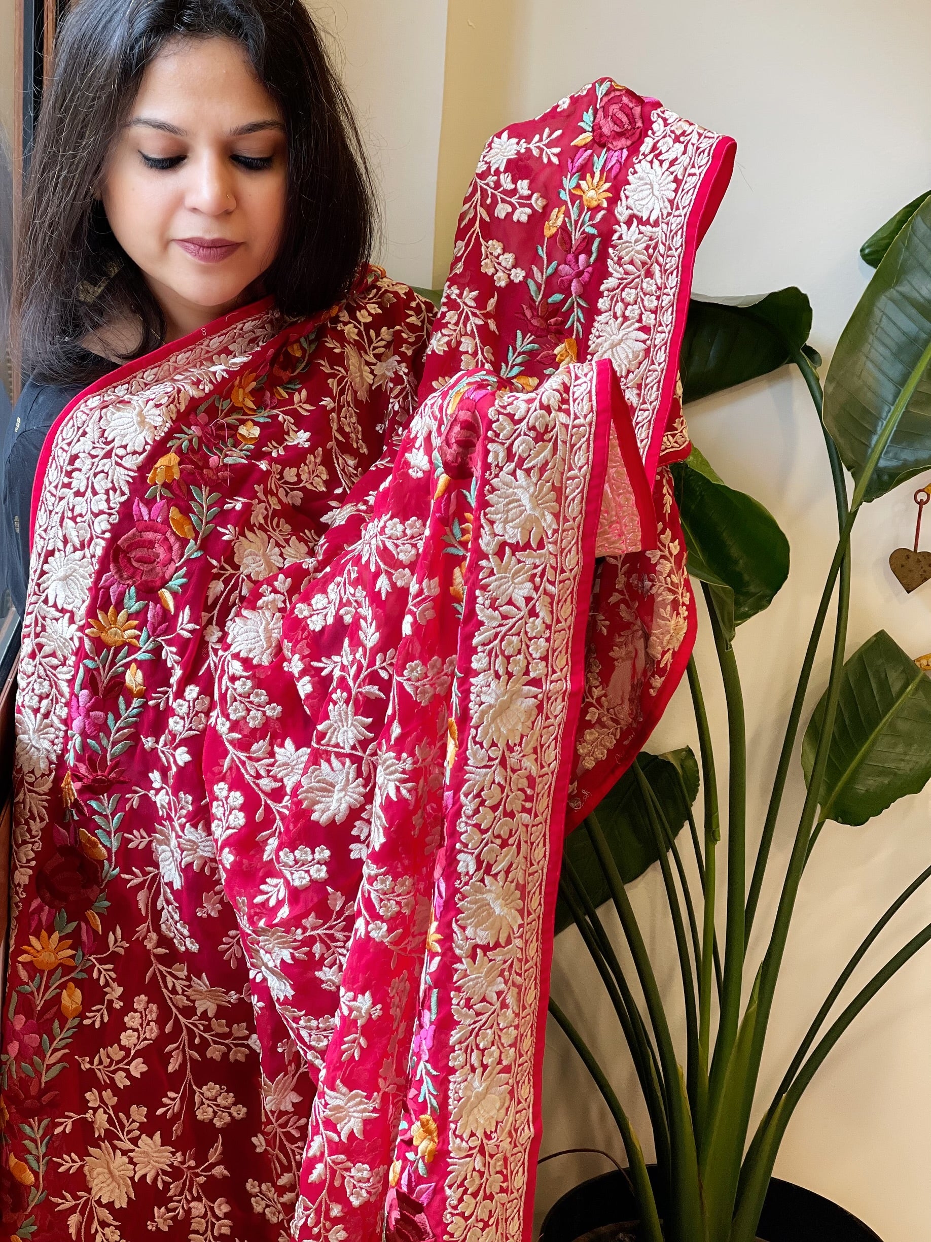 Pink Parsi Gara Embroidery Dupatta in Georgette - Masakalee