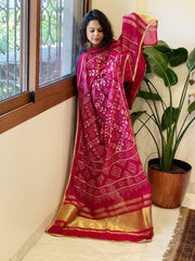 Pink Printed Bandhej Chanderi Dupatta with Leather Gotapatti Work - Masakalee