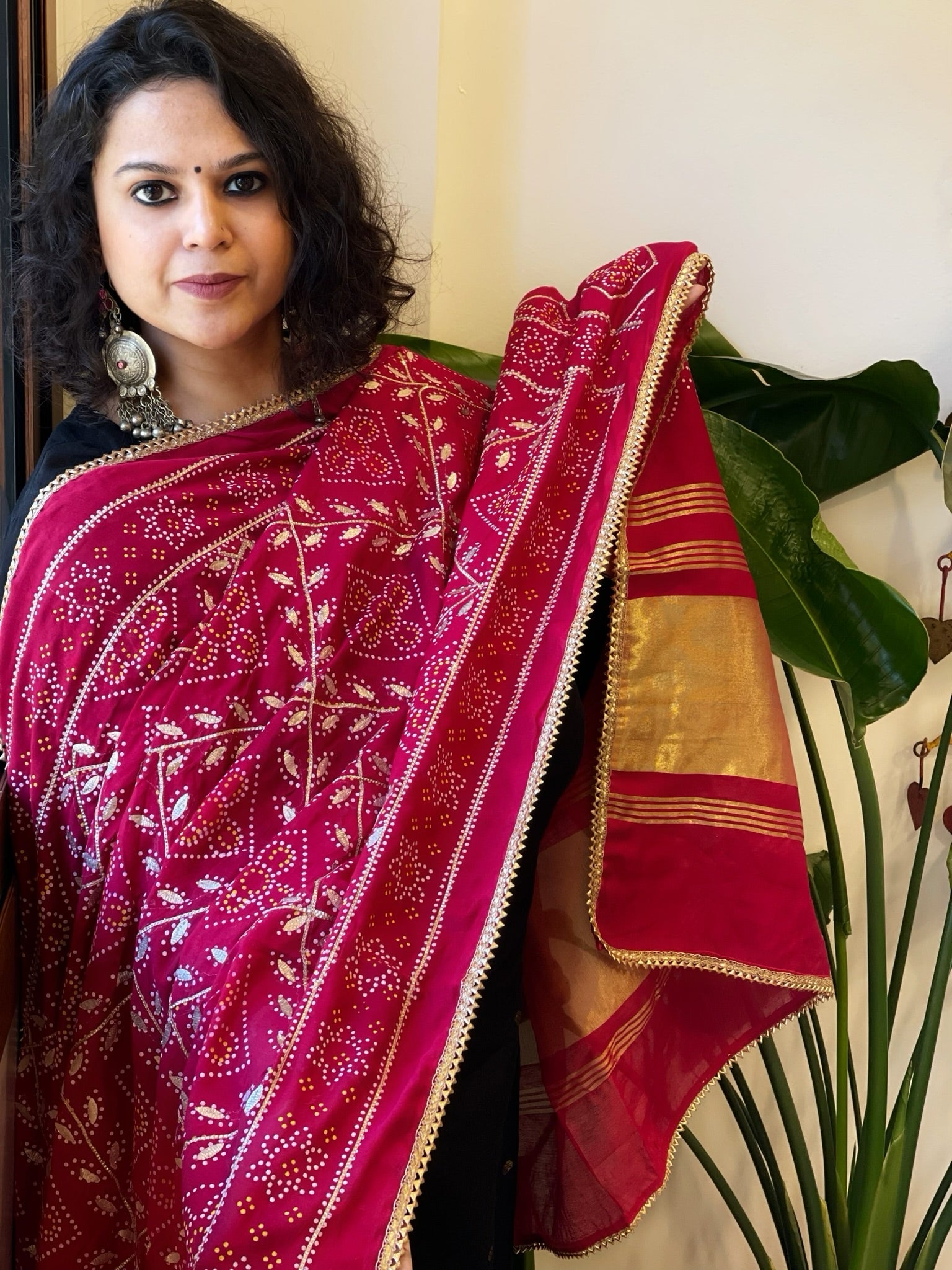 Pink Printed Bandhej Chanderi Dupatta with Leather Gotapatti Work - Masakalee