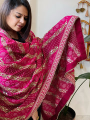 Pink Printed Bandhej Dupatta in Chinon with Gold Thread and Sequin Work - Masakalee