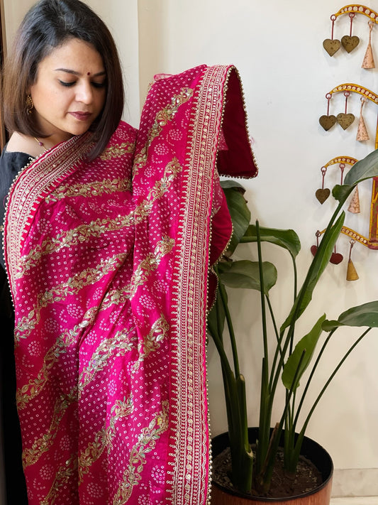 Pink Printed Bandhej Dupatta in Chinon with Gold Thread and Sequin Work - Masakalee