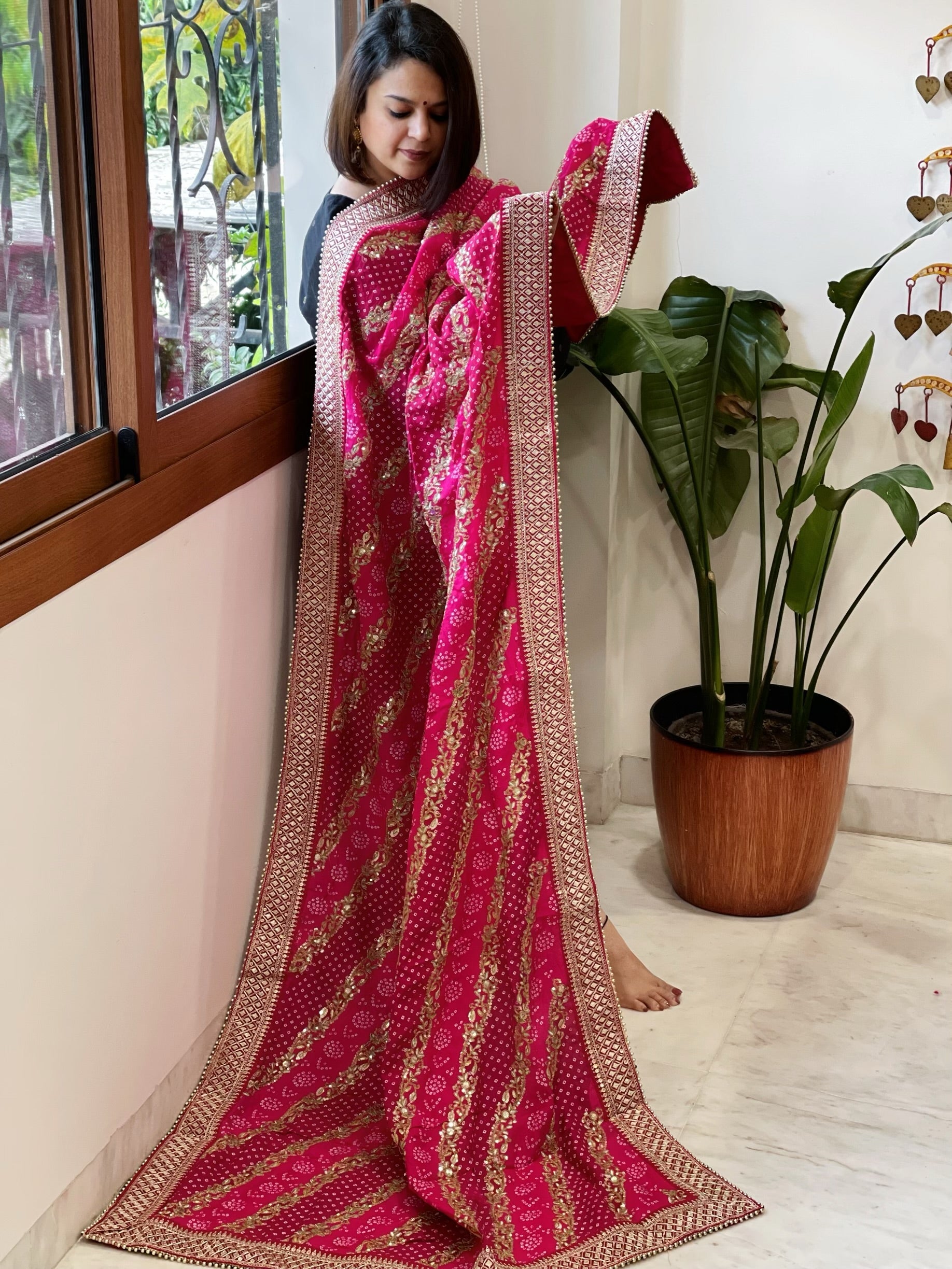 Pink Printed Bandhej Dupatta in Chinon with Gold Thread and Sequin Work - Masakalee