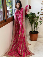 Pink Printed Bandhej Dupatta in Chinon with Gold Thread and Sequin Work - Masakalee