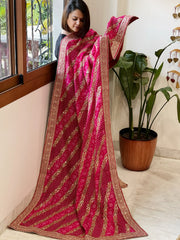 Pink Printed Bandhej Dupatta in Chinon with Gold Thread and Sequin Work - Masakalee