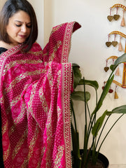 Pink Printed Bandhej Dupatta in Chinon with Gold Thread and Sequin Work - Masakalee