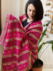 Pink Printed Bandhej Dupatta in Chinon with Gold Thread and Sequin Work - Masakalee