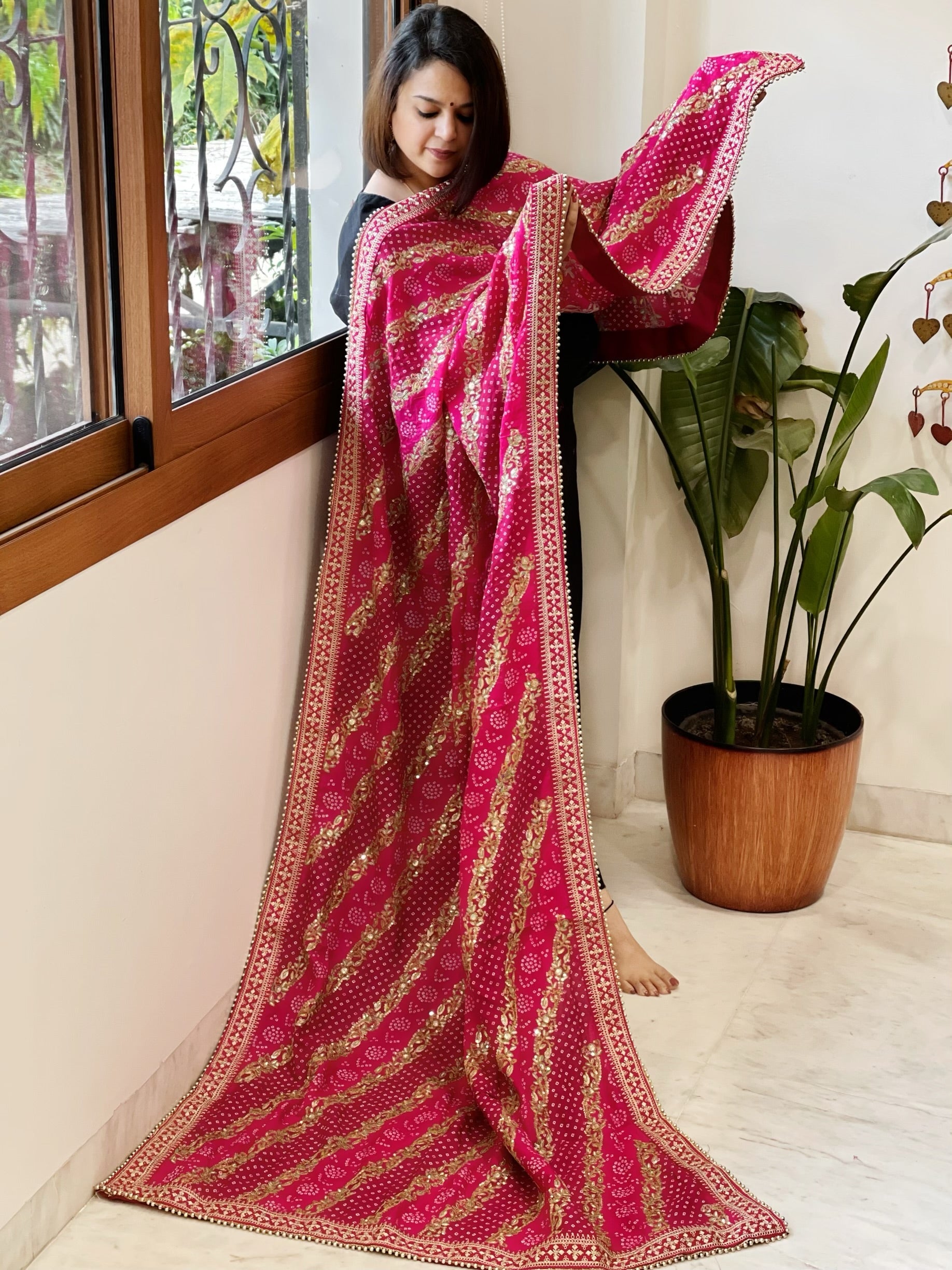 Pink Printed Bandhej Dupatta in Chinon with Gold Thread and Sequin Work - Masakalee