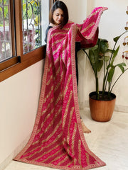 Pink Printed Bandhej Dupatta in Chinon with Gold Thread and Sequin Work - Masakalee
