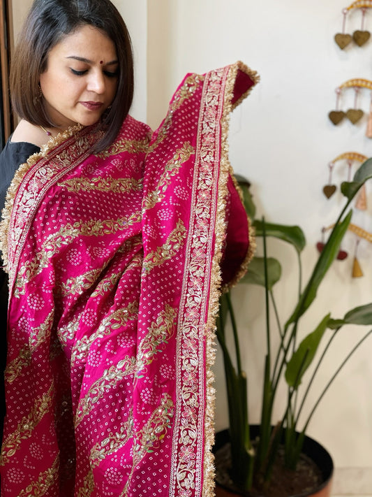 Pink Printed Bandhej Dupatta in Chinon with Gold Thread and Sequin Work - Masakalee