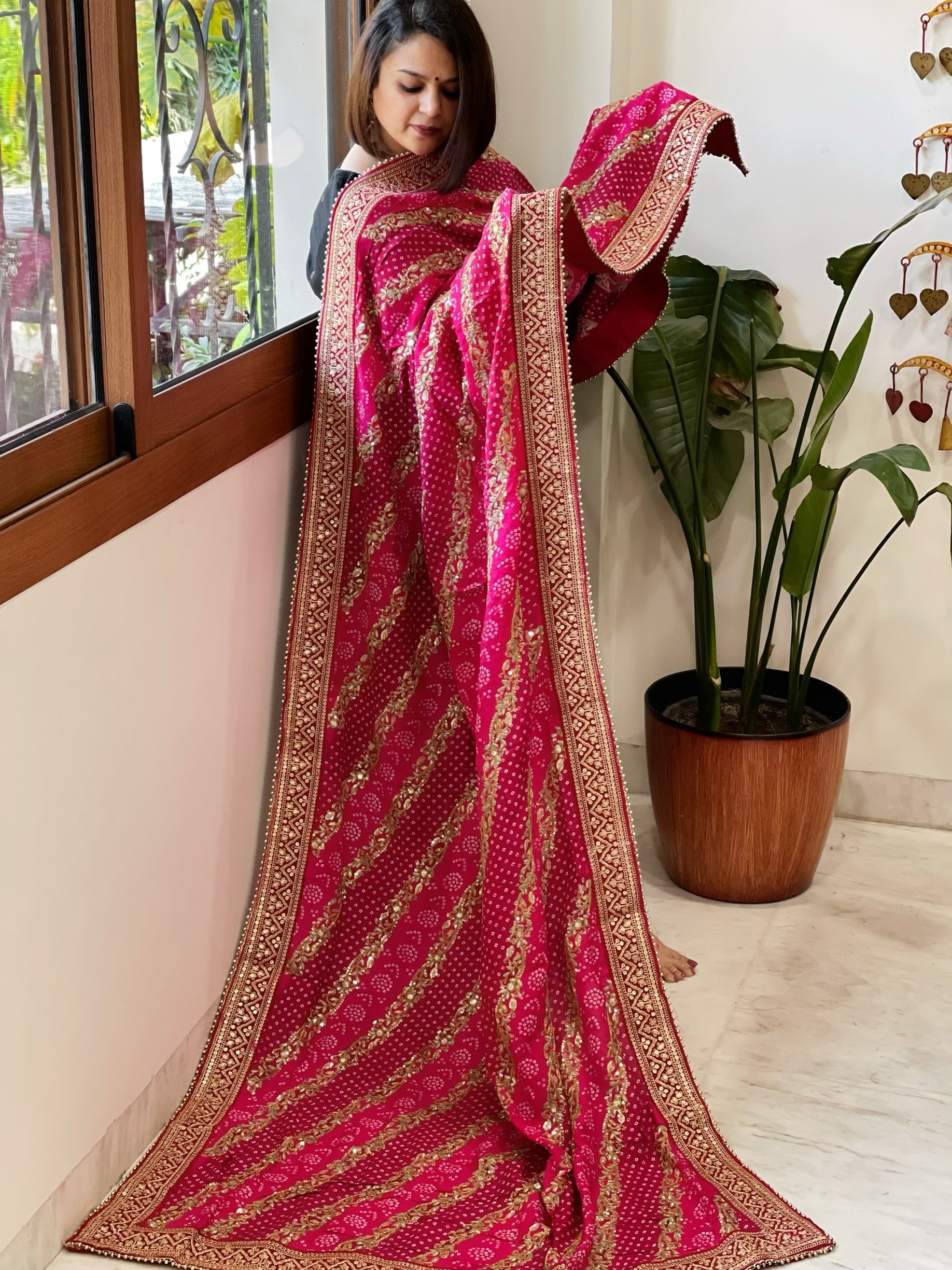 Pink Printed Bandhej Dupatta in Chinon with Gold Thread and Sequin Work - Masakalee