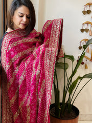 Pink Printed Bandhej Dupatta in Chinon with Gold Thread and Sequin Work - Masakalee