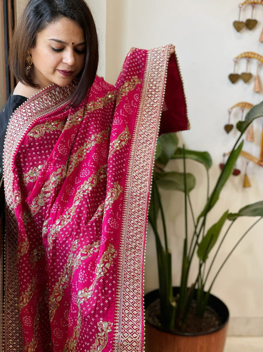 Pink Printed Bandhej Dupatta in Chinon with Gold Thread and Sequin Work - Masakalee
