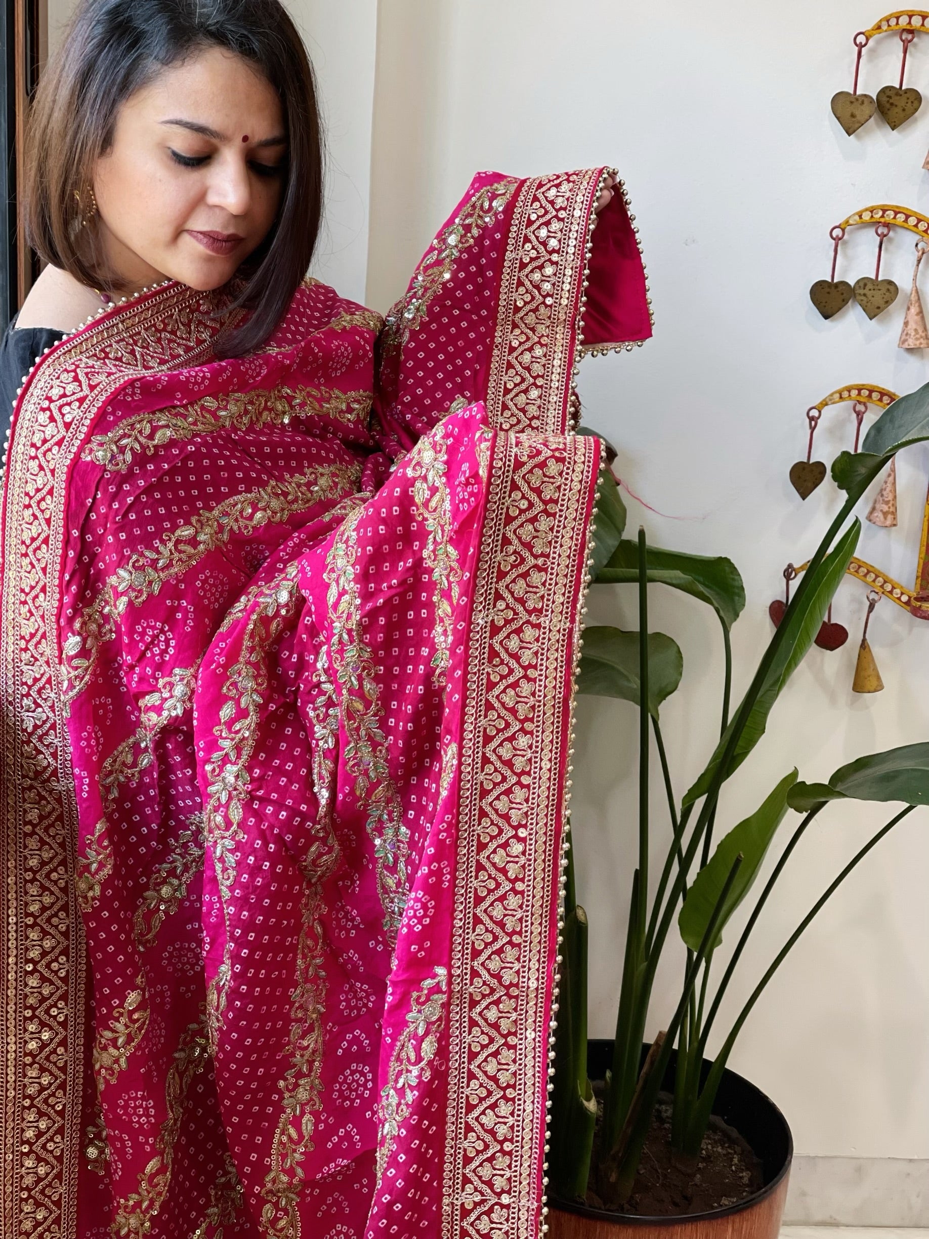 Pink Printed Bandhej Dupatta in Chinon with Gold Thread and Sequin Work - Masakalee