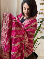 Pink Printed Bandhej Dupatta in Chinon with Gold Thread and Sequin Work - Masakalee
