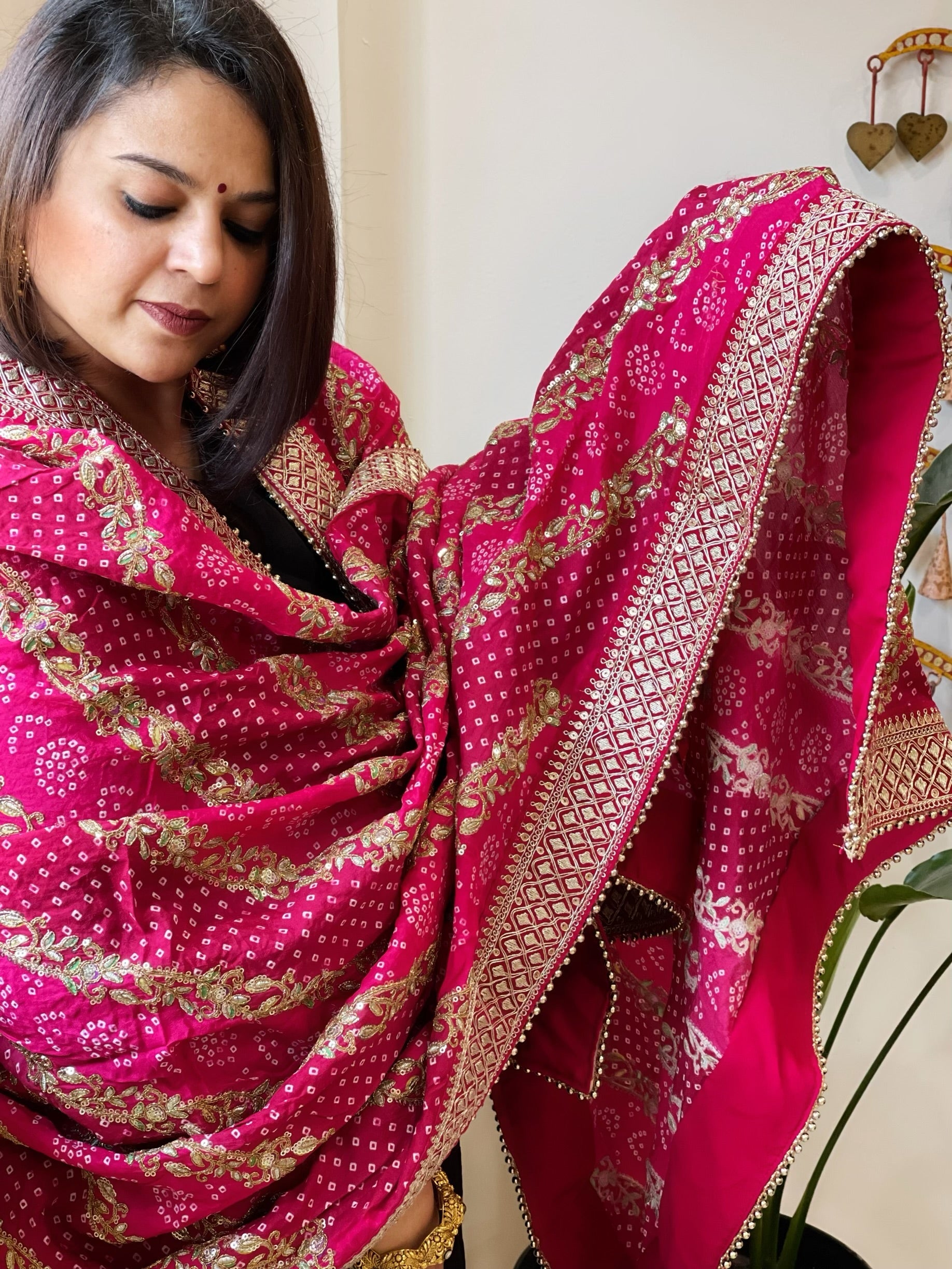 Pink Printed Bandhej Dupatta in Chinon with Gold Thread and Sequin Work - Masakalee