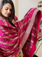 Pink Printed Bandhej Dupatta in Chinon with Gold Thread and Sequin Work - Masakalee