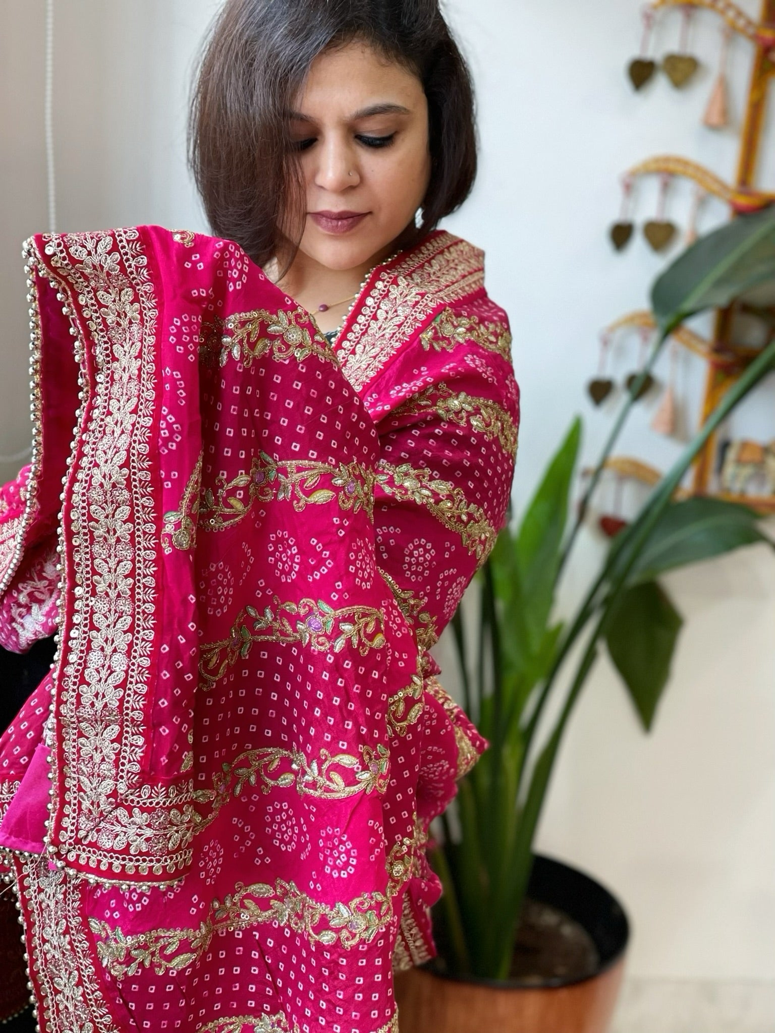 Pink Printed Bandhej Dupatta in Chinon with Gold Thread and Sequin Work - Masakalee