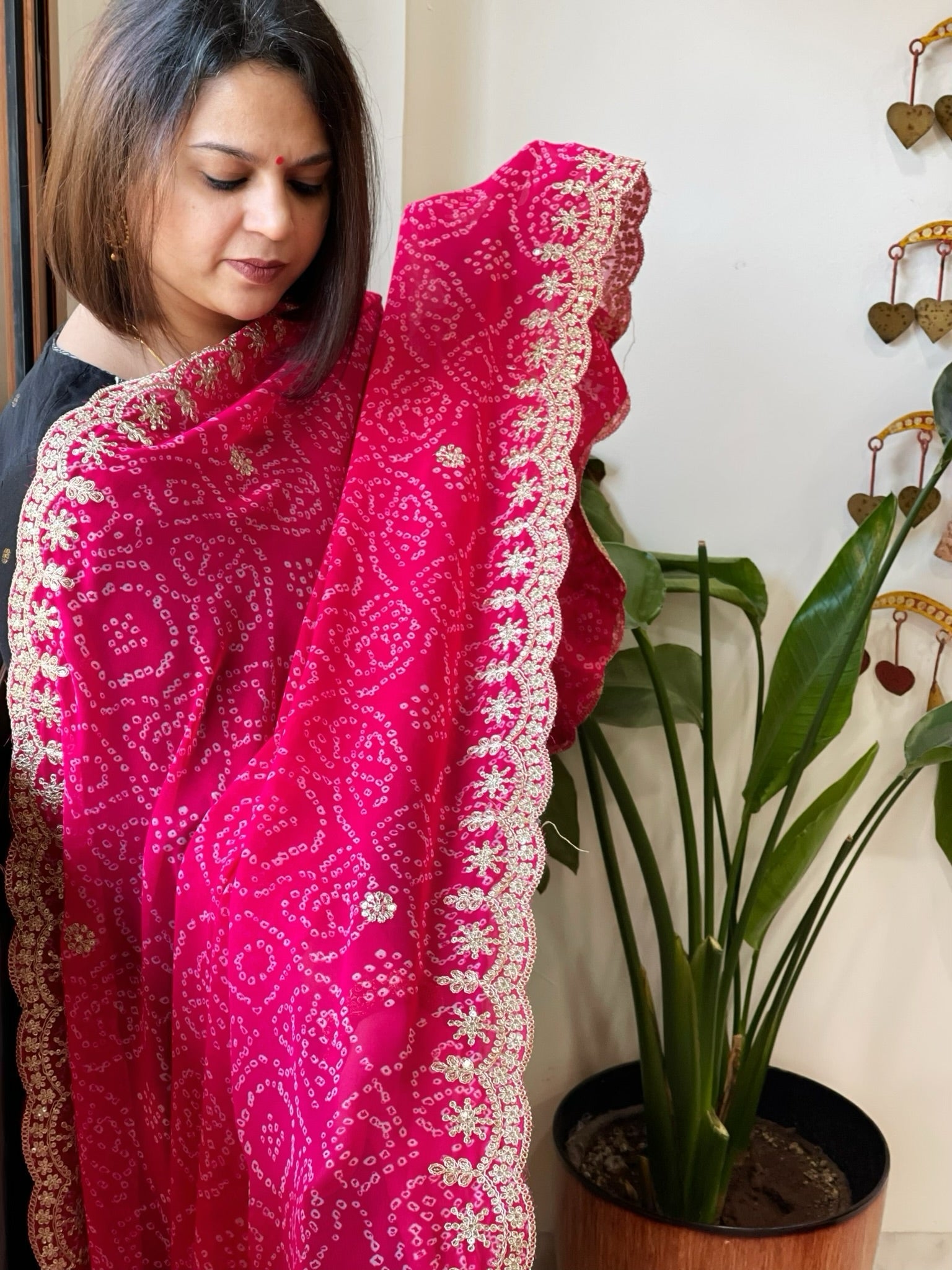 Pink Printed Viscose Georgette Bandhej Dupatta with Gold Thread & Sequin Embroidered Border - Masakalee