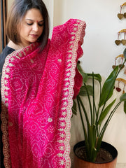 Pink Printed Viscose Georgette Bandhej Dupatta with Gold Thread & Sequin Embroidered Border - Masakalee