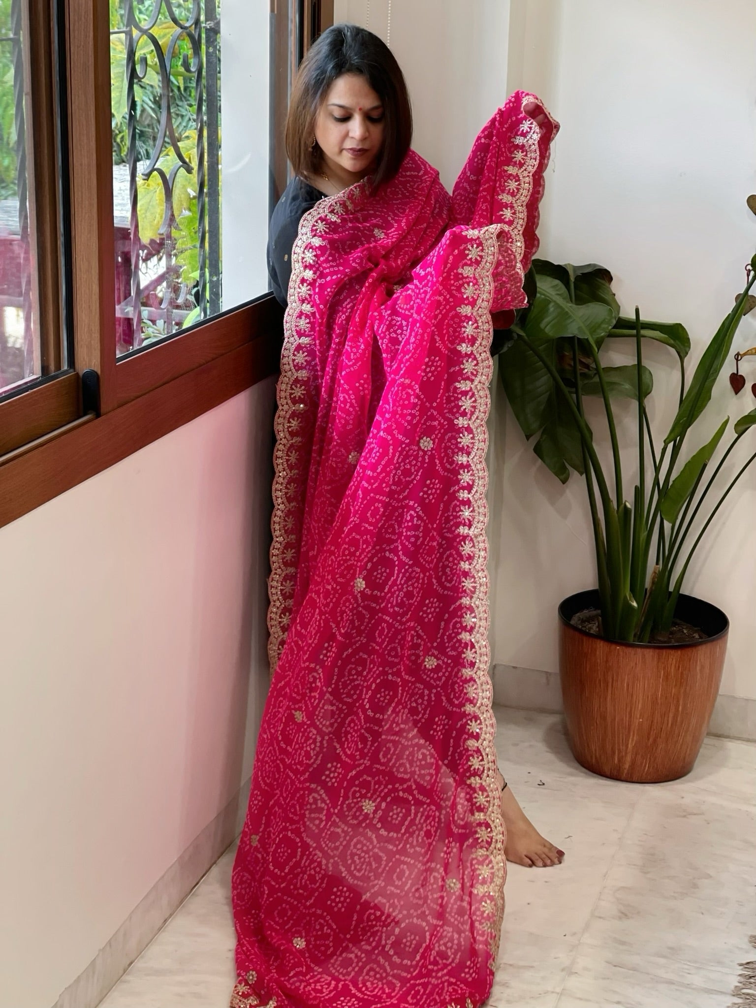 Pink Printed Viscose Georgette Bandhej Dupatta with Gold Thread & Sequin Embroidered Border - Masakalee