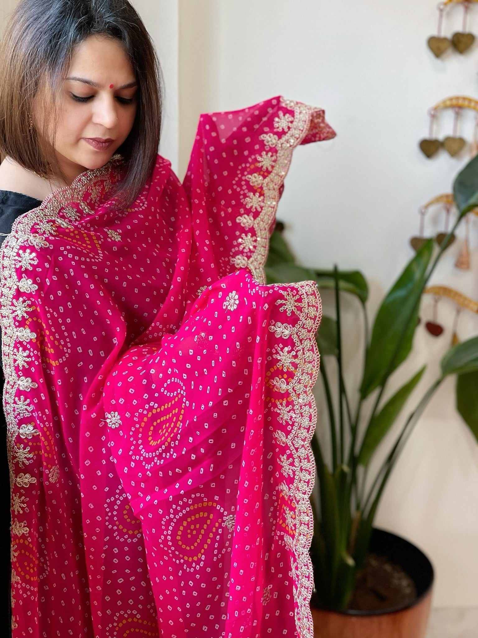 Pink Printed Viscose Georgette Bandhej Dupatta with Gold Thread & Sequin Embroidered Border - Masakalee