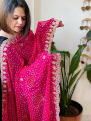 Pink Printed Viscose Georgette Bandhej Dupatta with Gold Thread & Sequin Embroidered Border - Masakalee